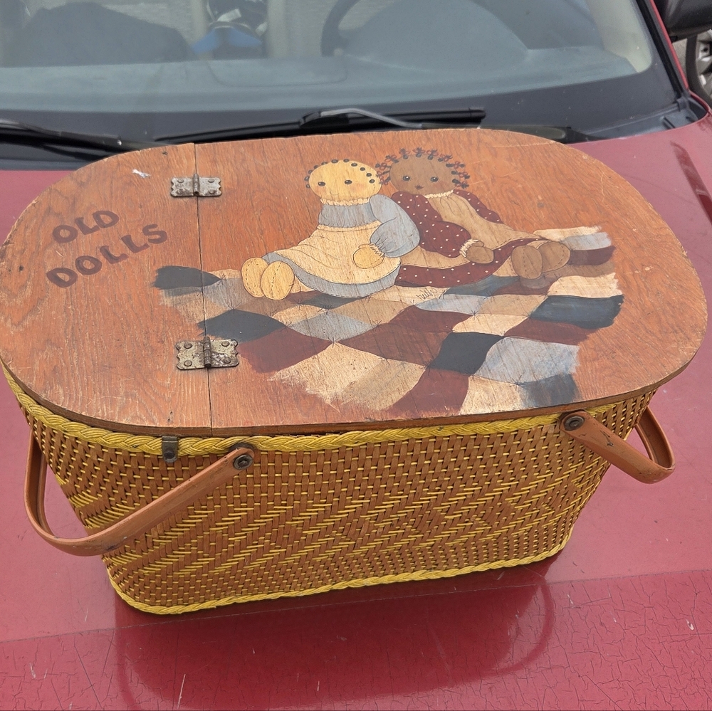 Vintage antique Redmon Picnic Basket Metal Handle Wicker USA custom paint dolls